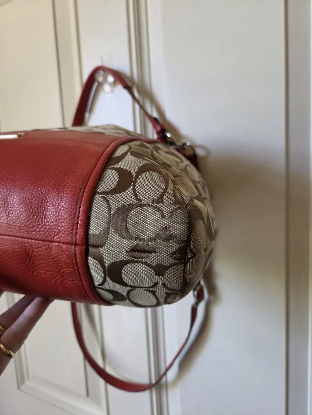 Coach Khaki Signature Canvas Hobo with Red Leather Trim 